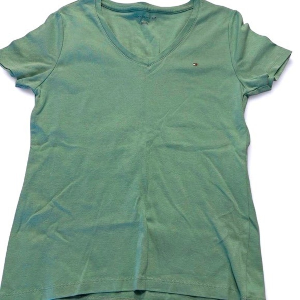 Tommy Hilfiger Womens Green V-Neck Short Sleeve Flag Logo T-Shirt Large - Picture 2 of 4